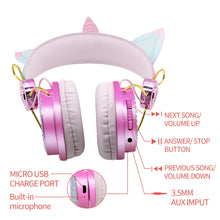 Cargar imagen en el visor de la galería, Cute Unicorn Bluetooth 5.0 Headphones Wireless Girls Kids Cartoon Stereo Headset Built-in Microphone Phone Gamer Earphone Gifts
