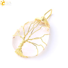 Cargar imagen en el visor de la galería, Tree of Life Necklace Natural Stone Pendant Gold Color Wire Wrap Gem Pink Quartz Tiger Eye Green Aventurine
