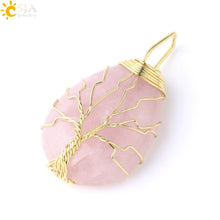 Cargar imagen en el visor de la galería, Tree of Life Necklace Natural Stone Pendant Gold Color Wire Wrap Gem Pink Quartz Tiger Eye Green Aventurine
