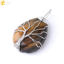 Cargar imagen en el visor de la galería, Tree of Life Necklace Natural Stone Pendant Gold Color Wire Wrap Gem Pink Quartz Tiger Eye Green Aventurine
