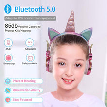 Cargar imagen en el visor de la galería, Cute Unicorn Bluetooth 5.0 Headphones Wireless Girls Kids Cartoon Stereo Headset Built-in Microphone Phone Gamer Earphone Gifts
