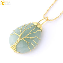 Load image into Gallery viewer, Tree of Life Necklace Natural Stone Pendant Gold Color Wire Wrap Gem Pink Quartz Tiger Eye Green Aventurine
