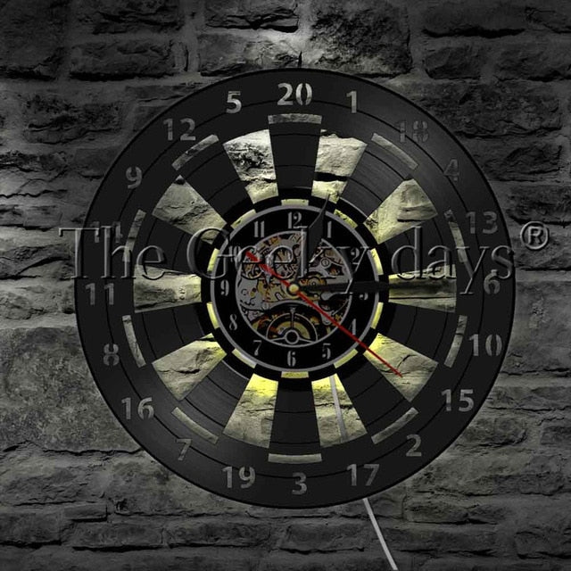 Game Room Dart Board Vinyl Record Wall Clock Modern Design Bar Pub Man Cave Wall Decor LED Night Lamp