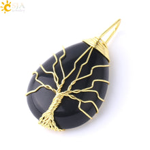 Cargar imagen en el visor de la galería, Tree of Life Necklace Natural Stone Pendant Gold Color Wire Wrap Gem Pink Quartz Tiger Eye Green Aventurine
