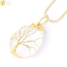 Load image into Gallery viewer, Tree of Life Necklace Natural Stone Pendant Gold Color Wire Wrap Gem Pink Quartz Tiger Eye Green Aventurine
