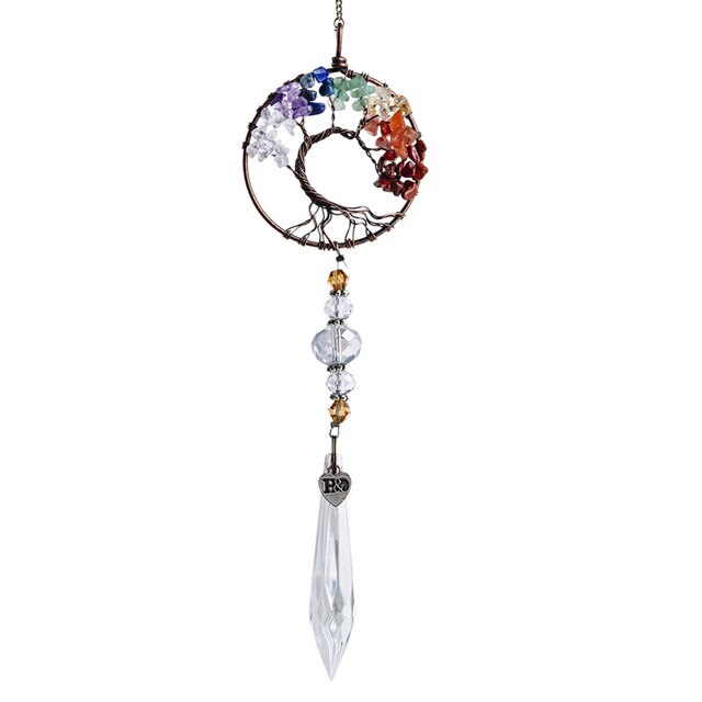 H&D Natural Stones Tree of Life Sun Catcher Healing Crystals Drop Pendant Rainbow Maker Collection Decor for Home