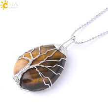 Load image into Gallery viewer, Tree of Life Necklace Natural Stone Pendant Gold Color Wire Wrap Gem Pink Quartz Tiger Eye Green Aventurine
