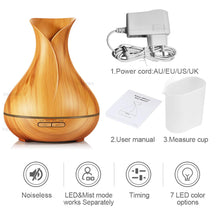 Cargar imagen en el visor de la galería, Aroma Essential Oil Diffuser Ultrasonic Air Humidifier with Wood Grain 7 Color Changing LED Lights for Office Home 400ml
