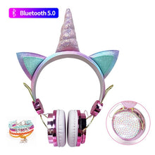 Cargar imagen en el visor de la galería, Cute Unicorn Bluetooth 5.0 Headphones Wireless Girls Kids Cartoon Stereo Headset Built-in Microphone Phone Gamer Earphone Gifts
