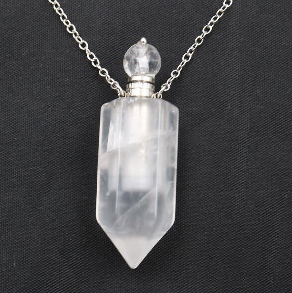 Natural Crystal Hexagonal Perfume Bottle Pendant Necklace  Fluorite Pendant Essential Oil Jar Chain Necklace