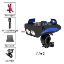 Cargar imagen en el visor de la galería, Multi-function Bicycle Light USB Rechargeable LED Bike Head Lamp Bike Horn Phone Holder Powerbank 4 in 1 MTB Cycling Front Light
