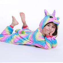 Load image into Gallery viewer, Kids hooded Pajamas Sleepwear  Animals Rainbow Unicorn
