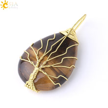 Cargar imagen en el visor de la galería, Tree of Life Necklace Natural Stone Pendant Gold Color Wire Wrap Gem Pink Quartz Tiger Eye Green Aventurine
