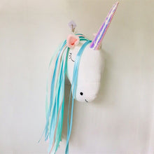 Cargar imagen en el visor de la galería, Nursery Plush Unicorn Head Wall Decor Animal Statues Sculptures for Children Room Wall Hanging Decor Birthday Party Christmas
