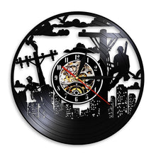 Load image into Gallery viewer, Power Lineman Silhouette Electrician Vinyl Record Wall Clock High Risky Electrical Utility Worker Night Light Lineworkers Gift
