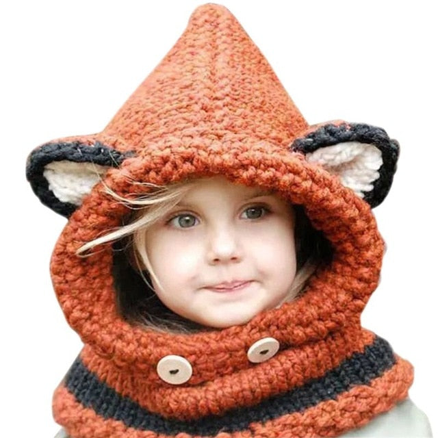 Kids Winter Crochet Knitted Hat Cartoon Animal Hood Scarf