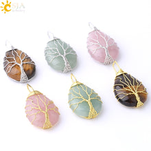 Cargar imagen en el visor de la galería, Tree of Life Necklace Natural Stone Pendant Gold Color Wire Wrap Gem Pink Quartz Tiger Eye Green Aventurine
