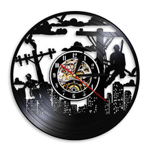 Cargar imagen en el visor de la galería, Power Lineman Silhouette Electrician Vinyl Record Wall Clock High Risky Electrical Utility Worker Night Light Lineworkers Gift
