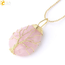 Cargar imagen en el visor de la galería, Tree of Life Necklace Natural Stone Pendant Gold Color Wire Wrap Gem Pink Quartz Tiger Eye Green Aventurine
