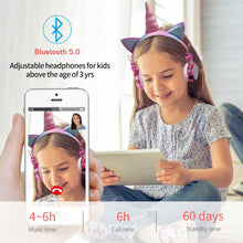 Cargar imagen en el visor de la galería, Cute Unicorn Bluetooth 5.0 Headphones Wireless Girls Kids Cartoon Stereo Headset Built-in Microphone Phone Gamer Earphone Gifts
