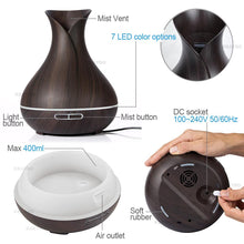 Cargar imagen en el visor de la galería, Aroma Essential Oil Diffuser Ultrasonic Air Humidifier with Wood Grain 7 Color Changing LED Lights for Office Home 400ml
