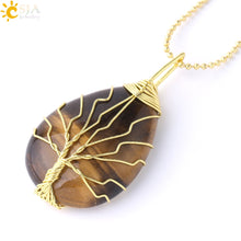 Load image into Gallery viewer, Tree of Life Necklace Natural Stone Pendant Gold Color Wire Wrap Gem Pink Quartz Tiger Eye Green Aventurine
