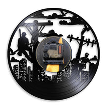 Cargar imagen en el visor de la galería, Power Lineman Silhouette Electrician Vinyl Record Wall Clock High Risky Electrical Utility Worker Night Light Lineworkers Gift
