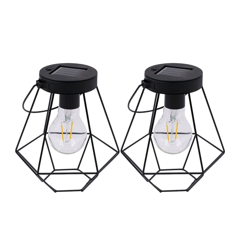 New 2Pcs Wrought Iron Retro Solar Lantern Hanging Light LED Yard Outdoor Patio Garden Lamp