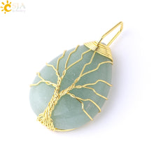 Load image into Gallery viewer, Tree of Life Necklace Natural Stone Pendant Gold Color Wire Wrap Gem Pink Quartz Tiger Eye Green Aventurine
