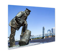 Load image into Gallery viewer, Metal Panel Print, Jacksonville Floridskyline Sailor Sculpture Along St Johns River
