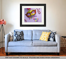 Load image into Gallery viewer, Framed Print, Colorful Mardi Gras Or Carnivale Mask On A Purple Venetian Masks Top View
