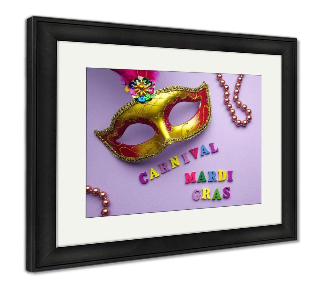 Framed Print, Colorful Mardi Gras Or Carnivale Mask On A Purple Venetian Masks Top View